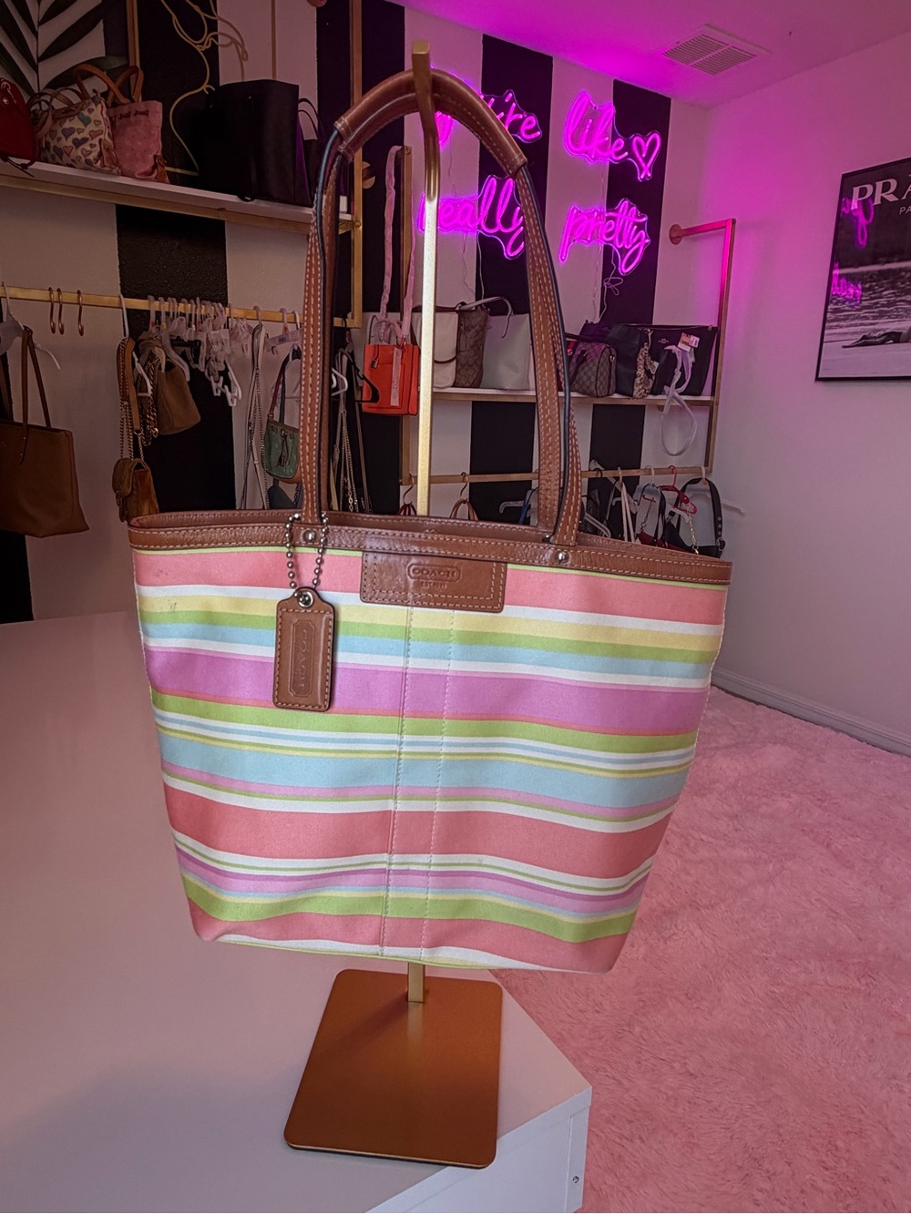 π Authentic Coach Pastel Rainbow Stripe Tote multicolored handbag π - Picture 14 of 14
